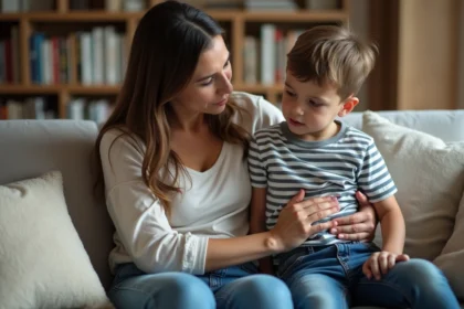Mère réconfortant son fils assis sur un canapé