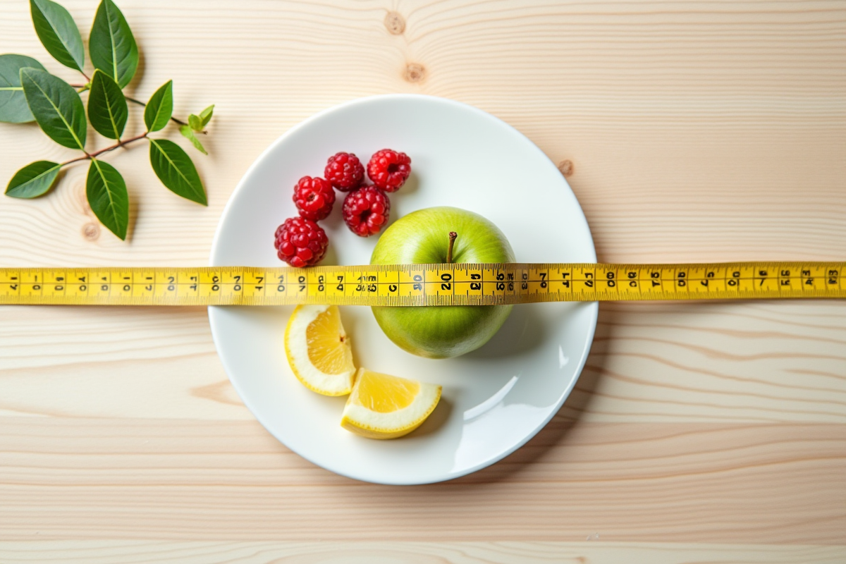 Ruban de mesure autour d une assiette avec fruits frais sur table en bois
