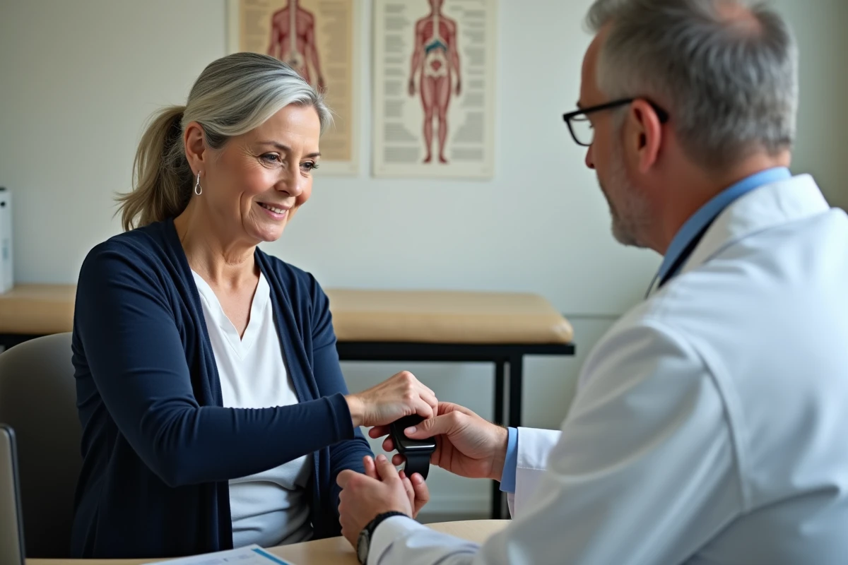 Femme montrant les données de tension de sa montre connectée à son médecin lors d'une consultation médicale