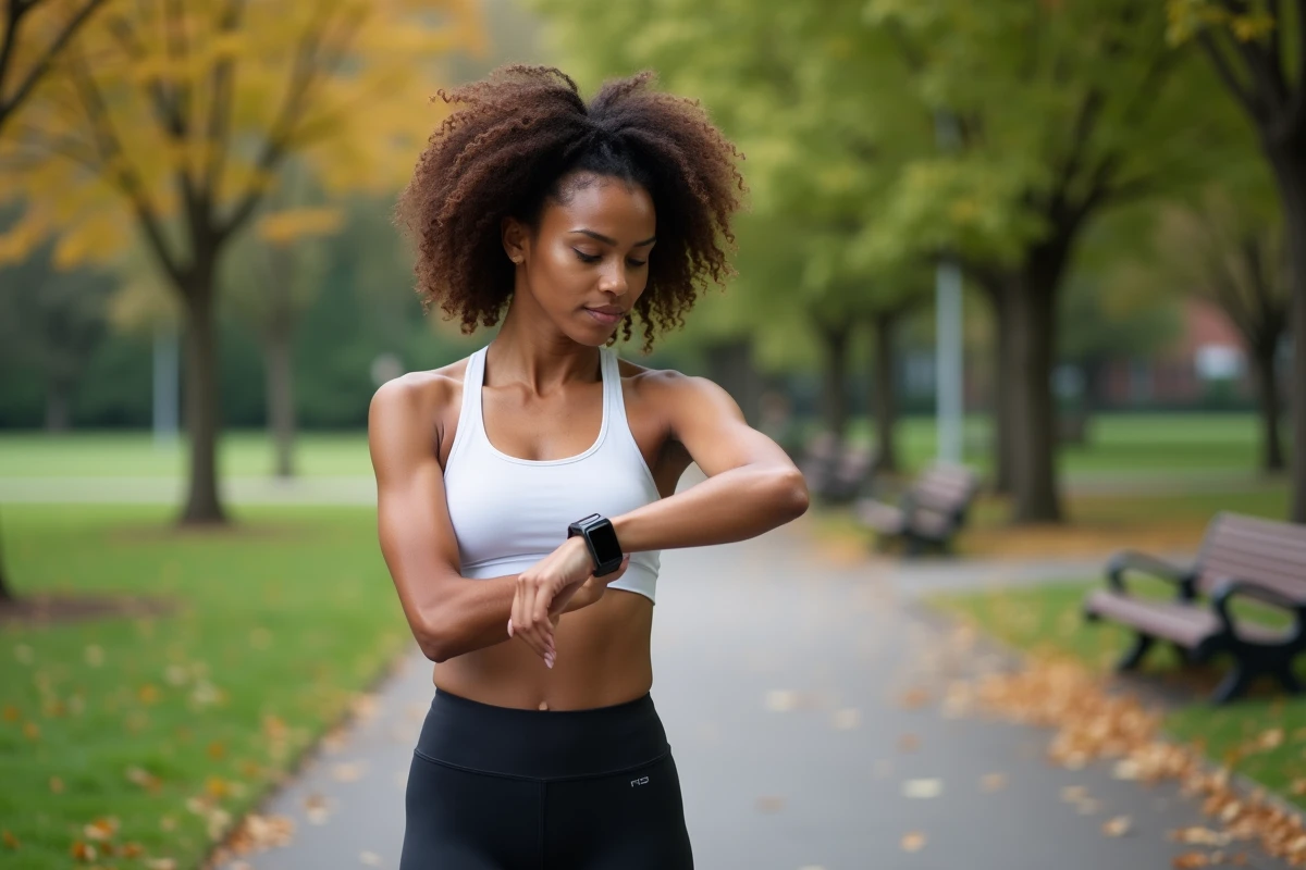 Femme sportive vérifiant sa tension artérielle sur une montre connectée lors d'une pause running en plein air