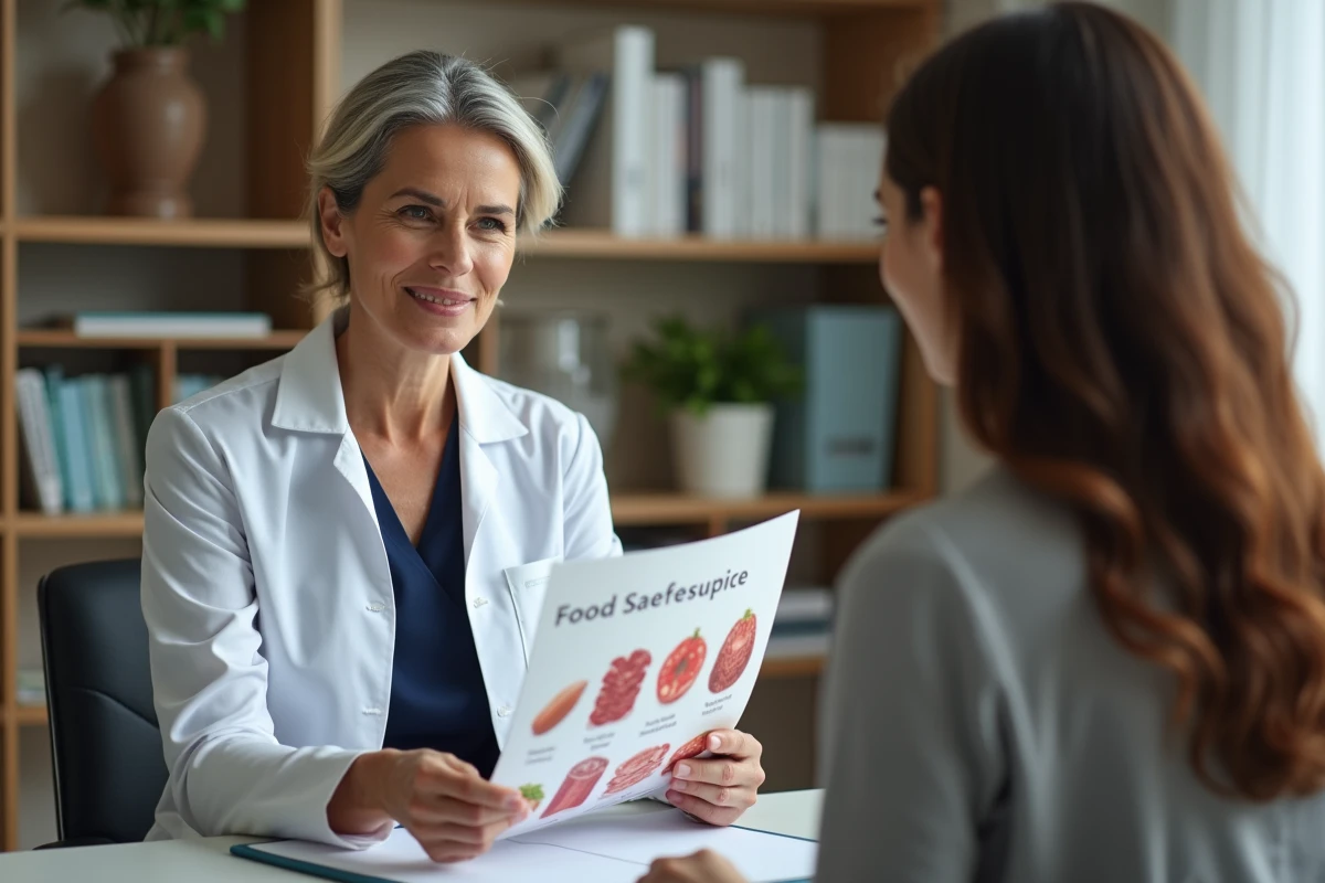 Nutritionniste expliquant les risques du chorizo pendant la grossesse à une patiente enceinte lors d'une consultation médicale