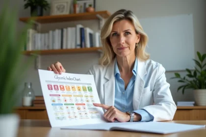Nutritionniste expliquant le tableau de l'index glycémique des aliments dans un cabinet de consultation moderne