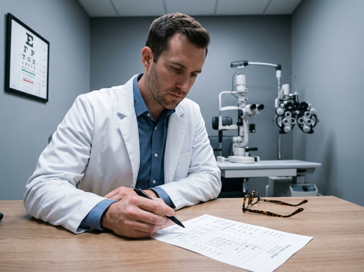 Opticien professionnel analysant une ordonnance optique lors d'un bilan de vue en cabinet