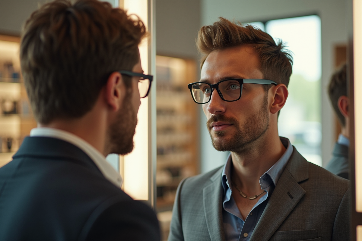 Opticien consultant avec client dans boutique lumineuse