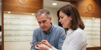 Comment prendre soin de vos yeux : conseils d’un opticien de Cannes Opticienne montrant le nettoyage de lunettes à un client