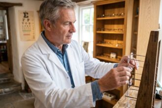 Opticien de village ajustant des lunettes dans sa boutique artisanale aux étagères en bois garnies de montures variées