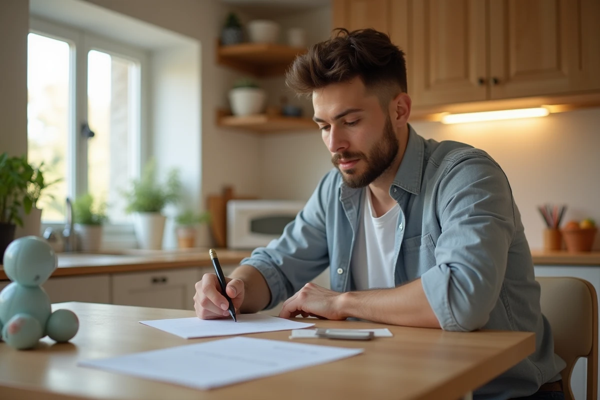 Jeune père remplissant des papiers à la maison avec bébé