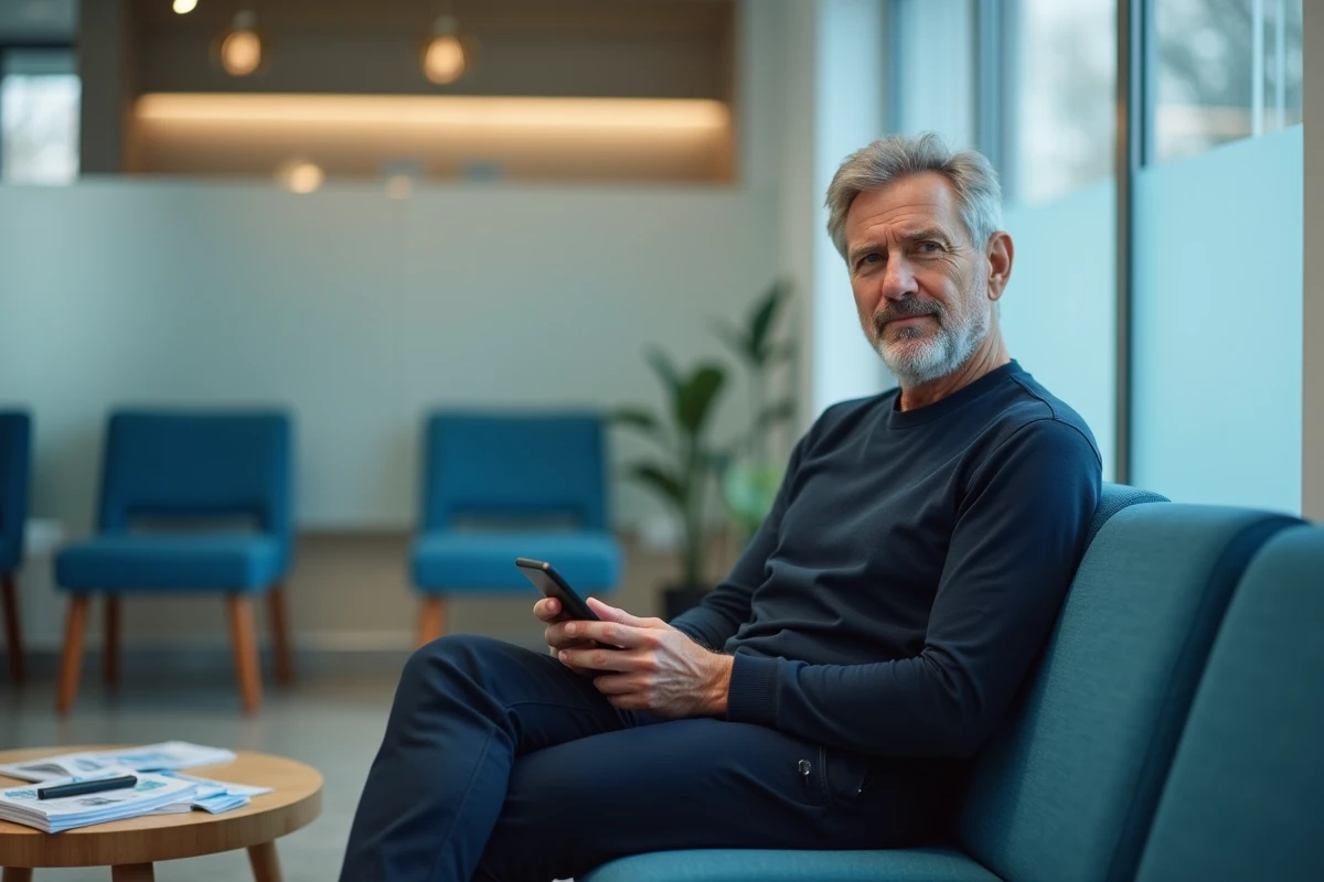 Patient utilisant une application de suivi médical en salle d'attente d'une clinique pour la gestion de maladies chroniques
