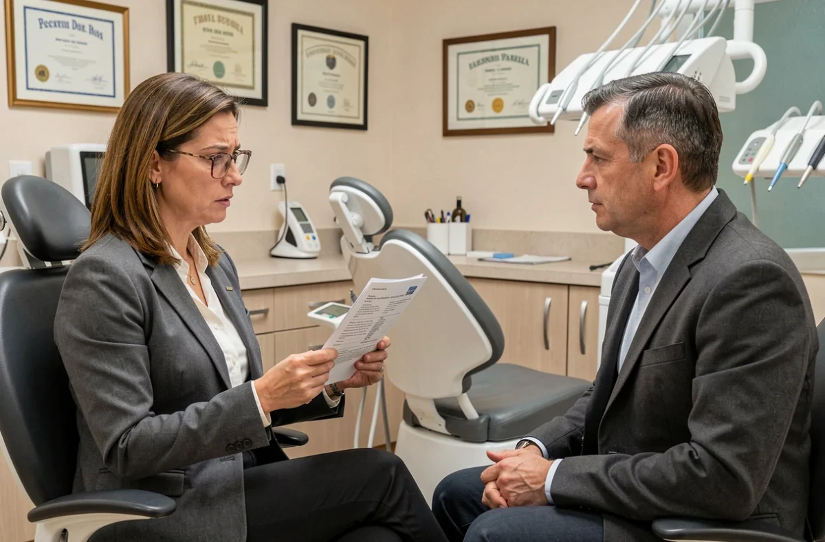 Patient et dentiste discutant d'un arrêt de travail dans un cabinet dentaire