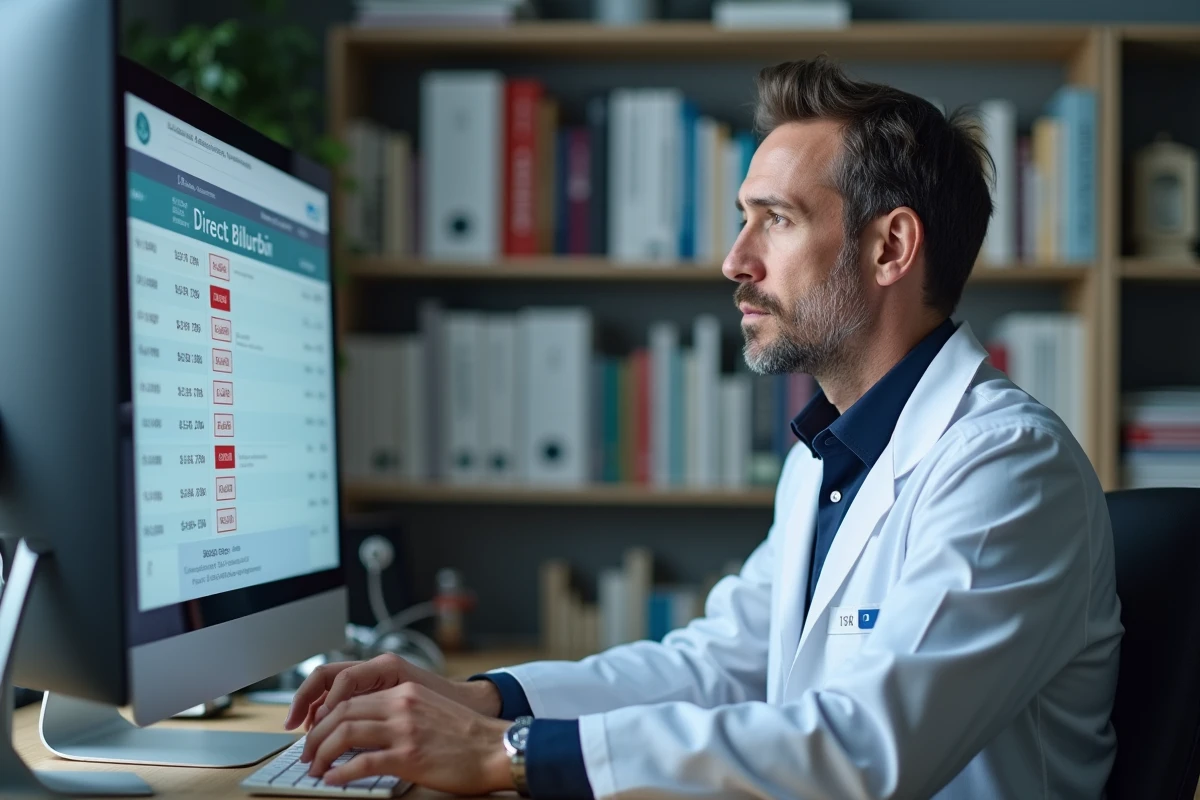 Pédiatre analysant des résultats d'analyse sanguine avec bilirubine directe élevée sur écran médical