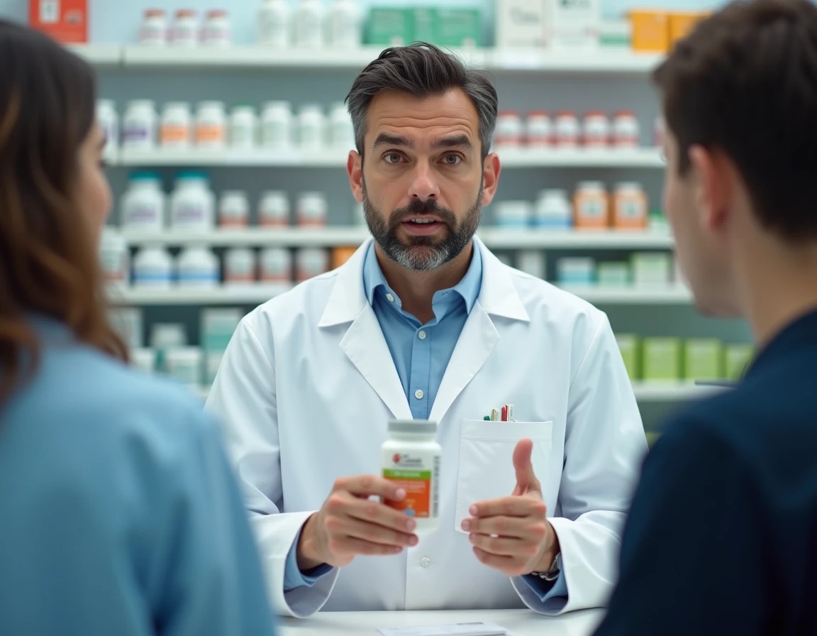 Pharmacien conseillant des probiotiques adaptés aux symptômes du côlon irritable