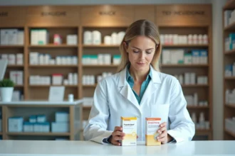 Pharmacienne examinant des boîtes d'anti-inflammatoires et d'antibiotiques au comptoir d'une pharmacie moderne
