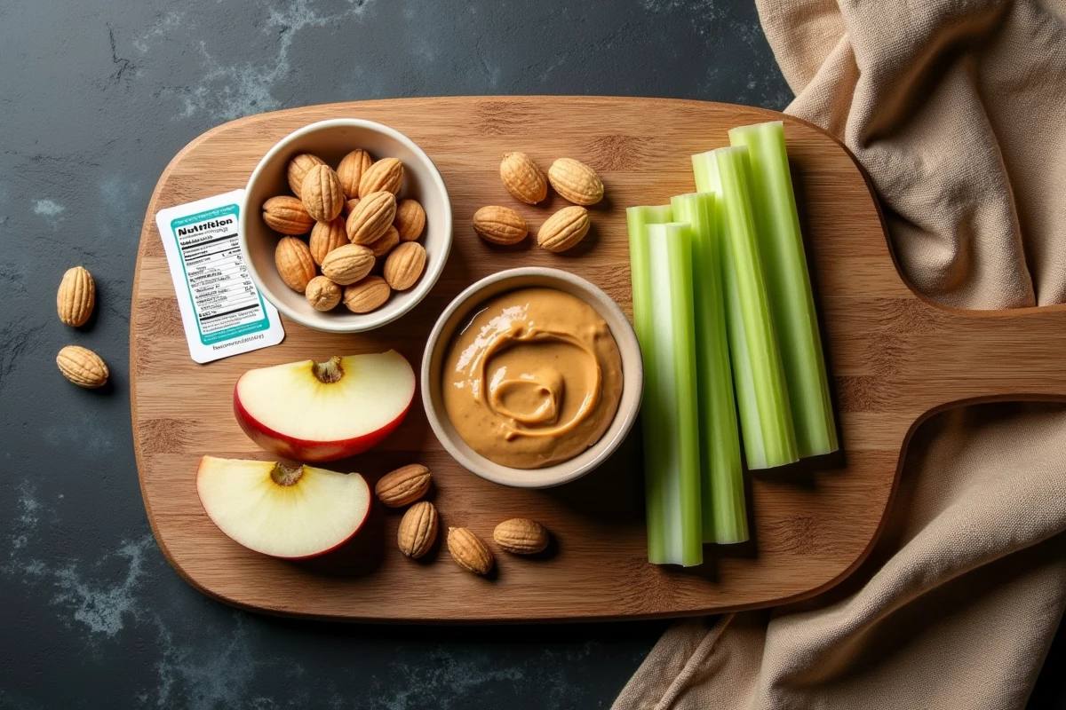 Vue de dessus d'une planche apéritive avec beurre de cacahuète, branches de céleri et pomme pour la gestion du poids