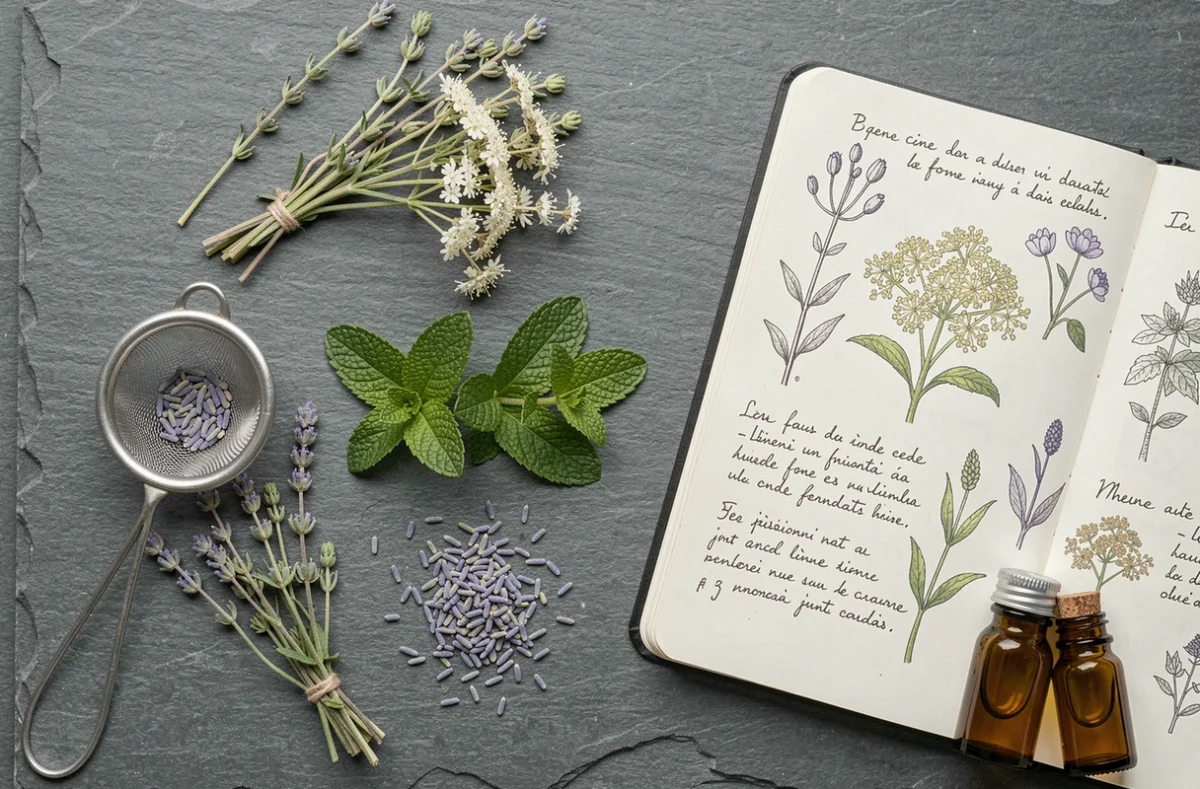 Vue aérienne de plantes médicinales séchées associées pour tisane : thym, lavande, menthe poivrée et sureau sur ardoise avec carnet botanique