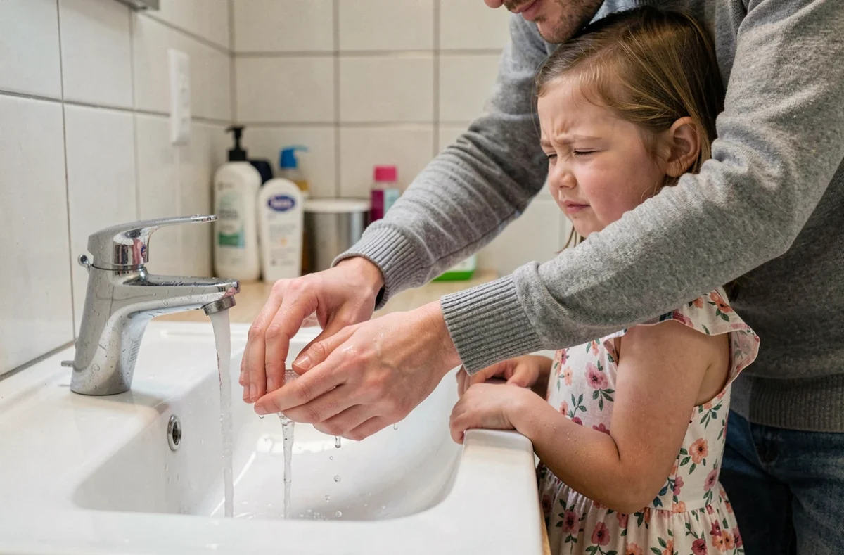 Parent appliquant les premiers secours en faisant couler de l'eau froide sur le doigt brûlé d'une fillette