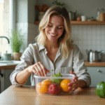 Routine alimentaire santé : optimiser et améliorer son alimentation Jeune femme préparant des fruits et légumes frais à la maison