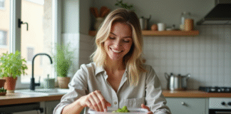 Routine alimentaire santé : optimiser et améliorer son alimentation Jeune femme préparant des fruits et légumes frais à la maison