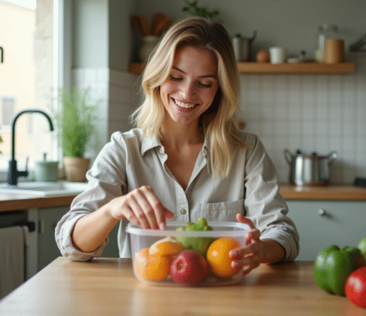 Jeune femme préparant des fruits et légumes frais à la maison