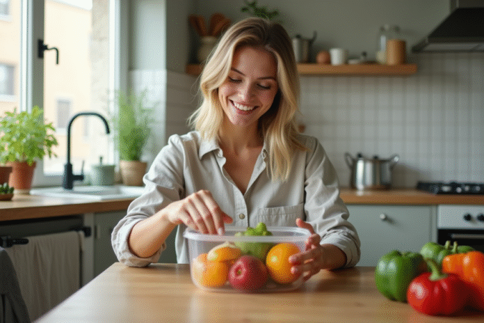 preparation-fruits-legumes-maison Jeune femme préparant des fruits et légumes frais à la maison