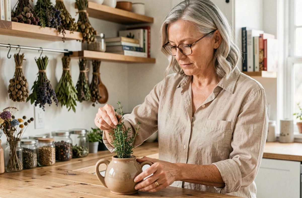 Femme préparant une tisane de thym maison en associant des plantes médicinales dans une cuisine de style farmhouse