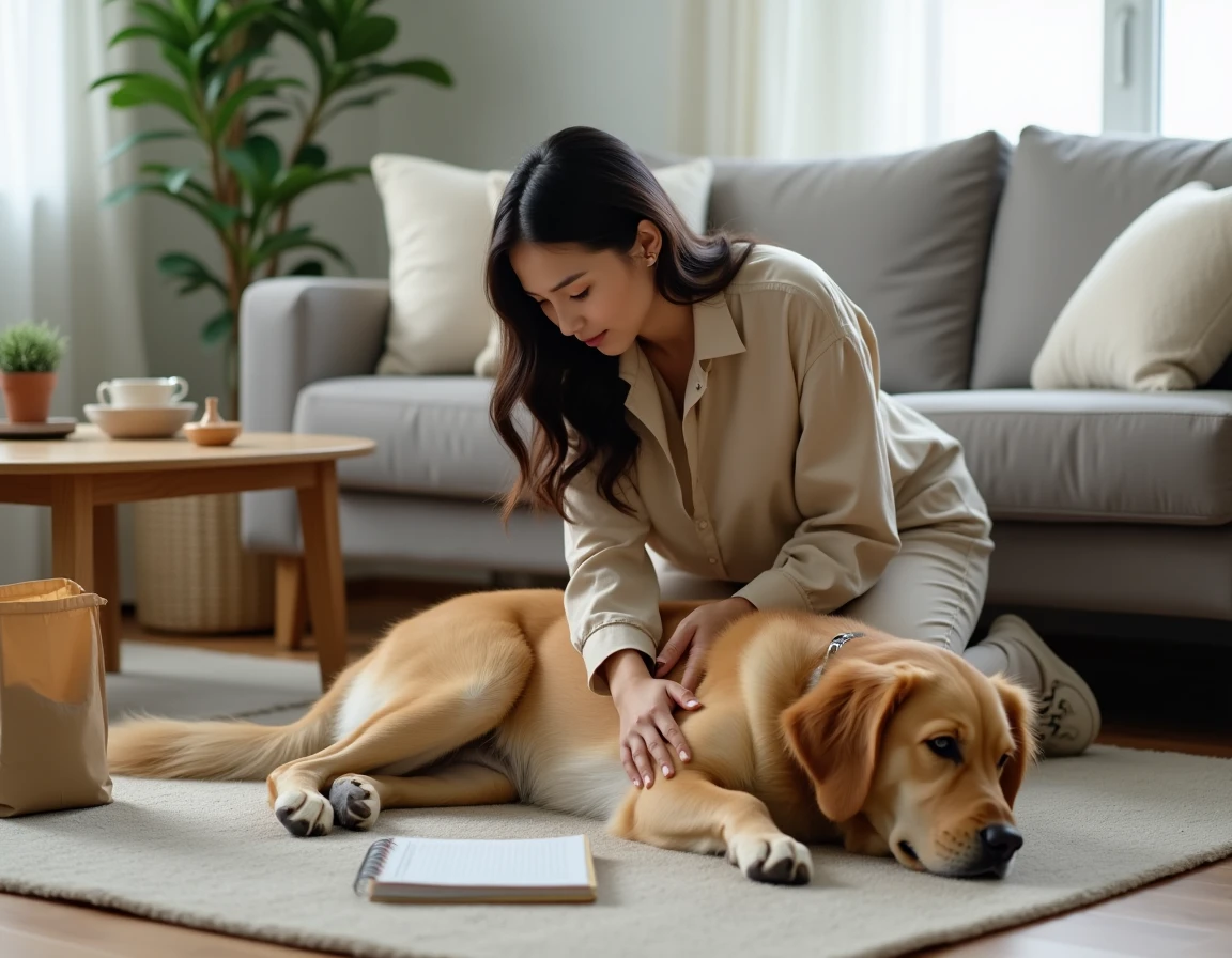 Femme examinant son golden retriever allongé sur un tapis de salon avec un sac de nourriture à proximité, dans le contexte d'une investigation sur les odeurs corporelles de l'animal