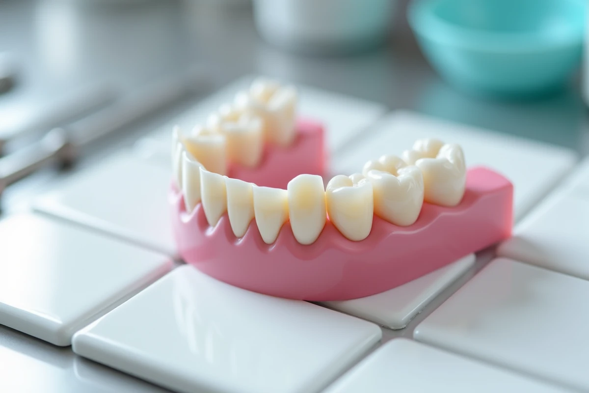 Prothèse dentaire complète avec dents en résine Capdentaire finies et polies sur plan de travail de laboratoire dentaire