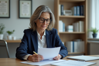 Psychiatre femme en blazer navy dans un cabinet moderne
