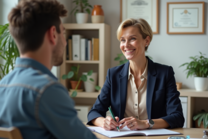 Psychologue femme en blazer bleu en discussion avec une cliente