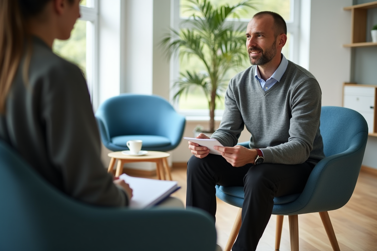 Psychologue homme en séance avec un adolescent dans un cabinet moderne