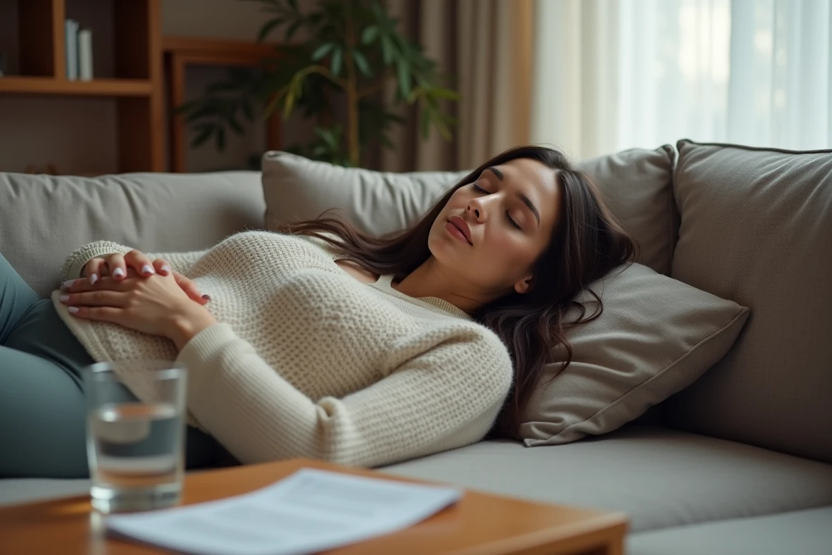 Femme se reposant chez elle après une anesthésie générale avec une fiche de consignes post-opératoires sur la table