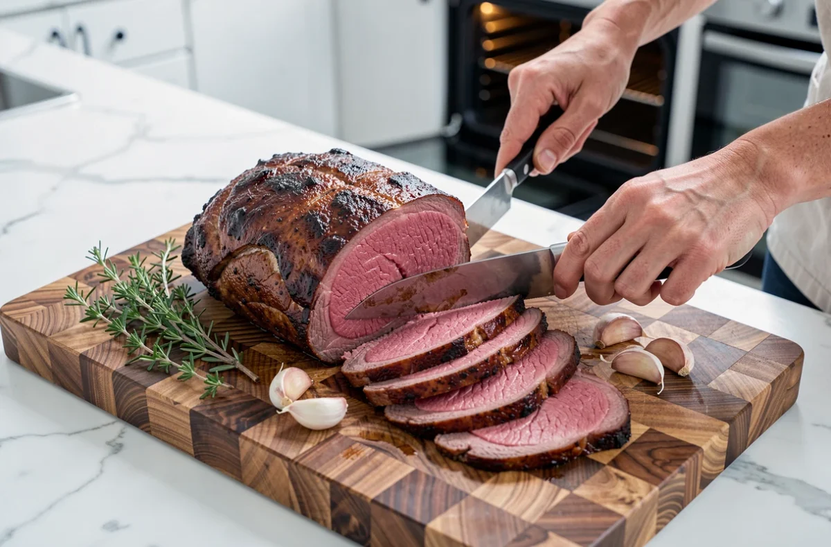 Rôti de viande rouge maigre tranché révélant un intérieur rosé et juteux après cuisson lente au four, servi sur une planche en bois