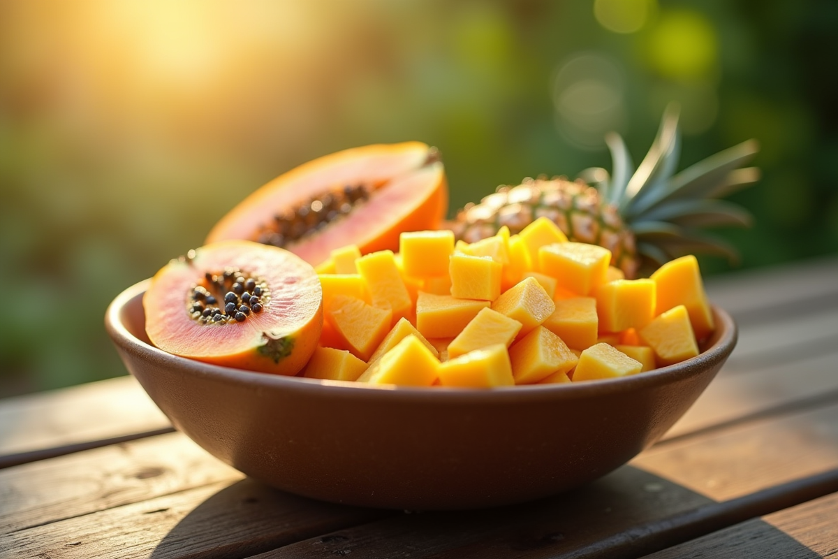 Salade de fruits coupés sur une table en bois en plein air