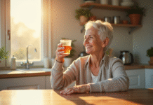 Seniore souriante tenant une vitamine B3 dans une cuisine lumineuse