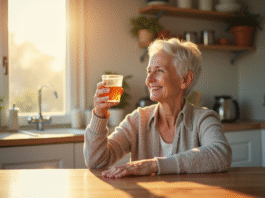 Seniore souriante tenant une vitamine B3 dans une cuisine lumineuse
