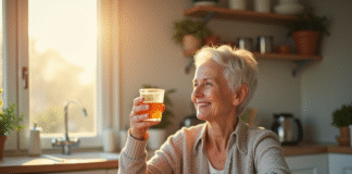 Seniore souriante tenant une vitamine B3 dans une cuisine lumineuse