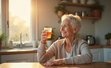 Seniore souriante tenant une vitamine B3 dans une cuisine lumineuse