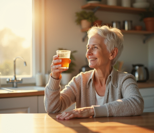 Seniore souriante tenant une vitamine B3 dans une cuisine lumineuse