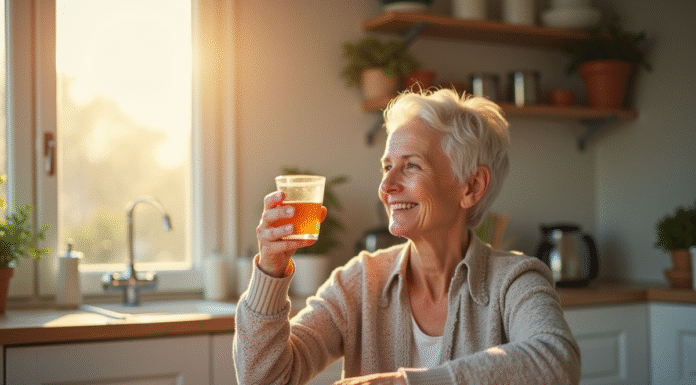 Vitamine B3 : un allié de choix pour la santé mentale des seniors Seniore souriante tenant une vitamine B3 dans une cuisine lumineuse