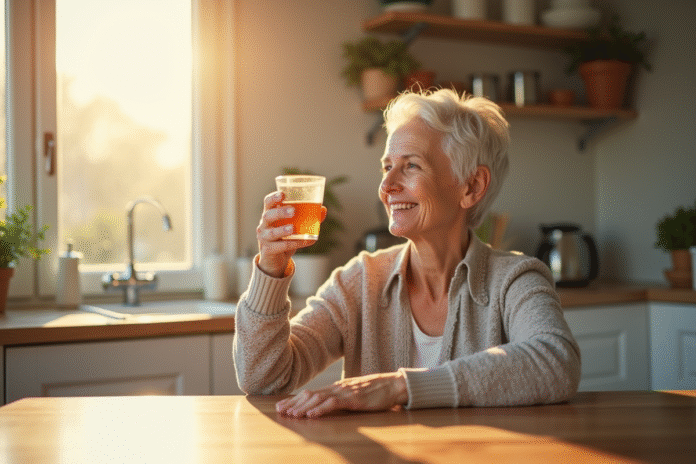 Seniore souriante tenant une vitamine B3 dans une cuisine lumineuse