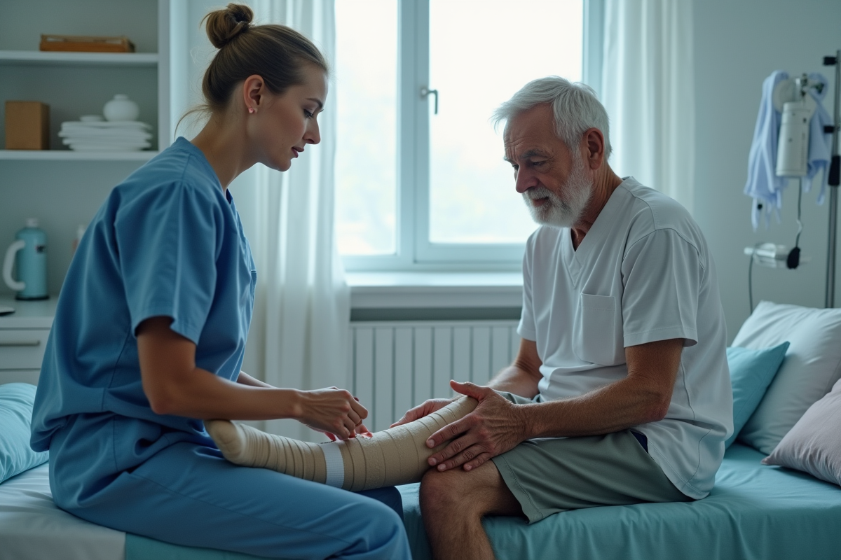 Patient homme recevant un bandage au pied dans un cabinet médical