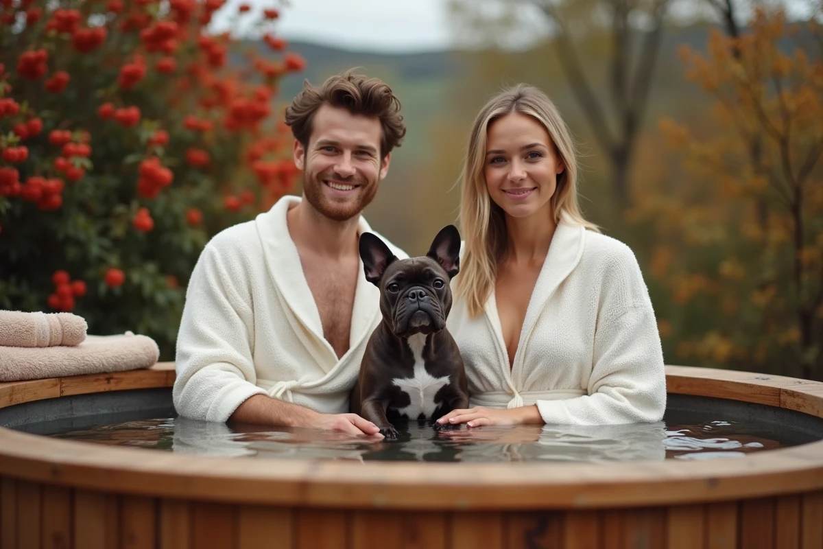Couple en robe de bain avec leur bouledogue français dans un bain nordique en bois en pleine nature dans le Cher