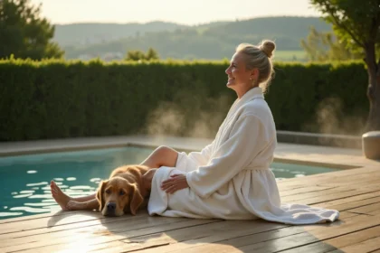 Femme en robe de spa avec son golden retriever sur la terrasse d'un spa en plein air dans le Cher