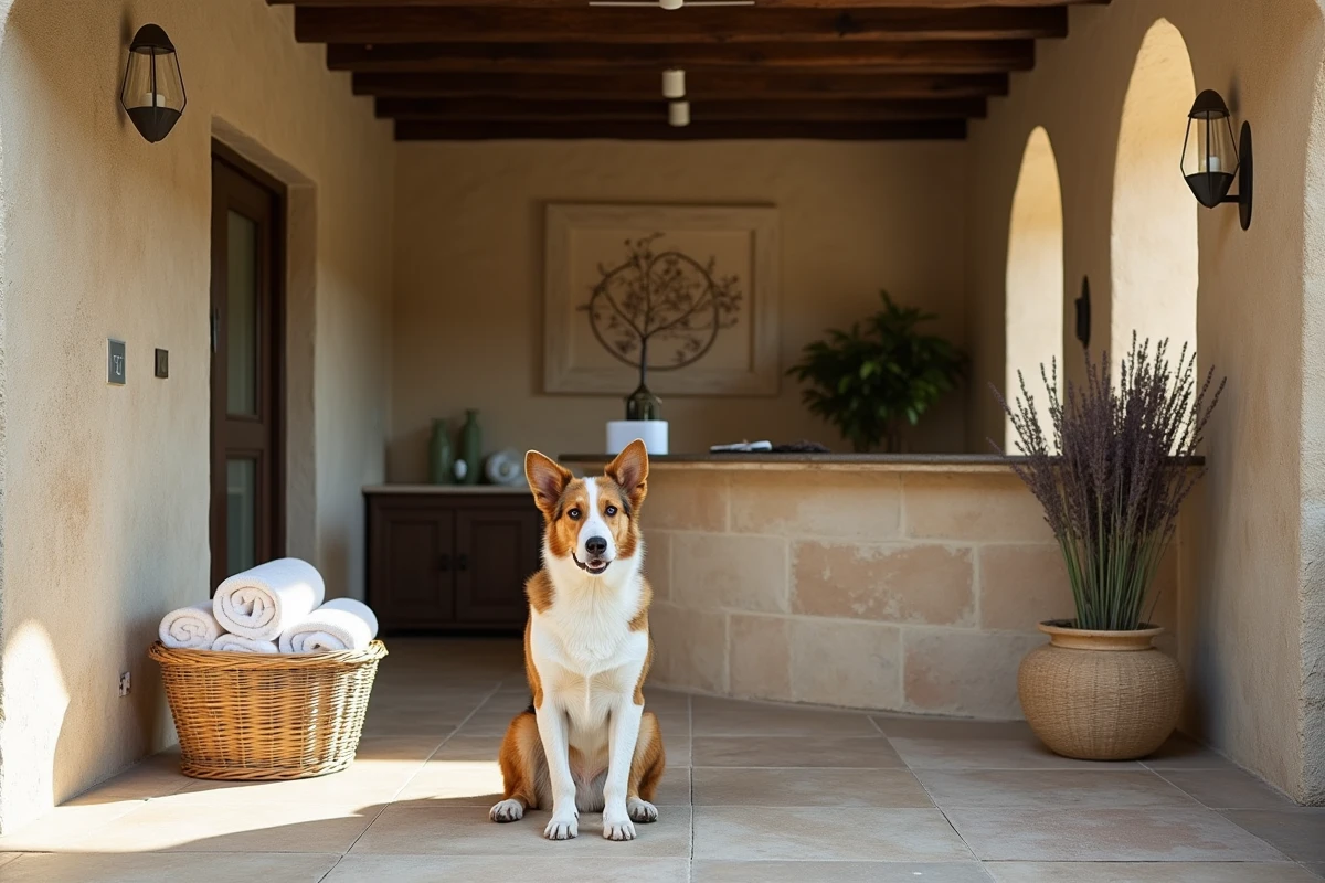 Intérieur d'un spa rustique dans le Cher avec un chien border collie accueilli à la réception