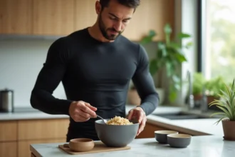 Sportif préparant ses repas avec du riz complet cuit dans une cuisine moderne