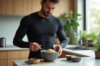 Sportif préparant ses repas avec du riz complet cuit dans une cuisine moderne