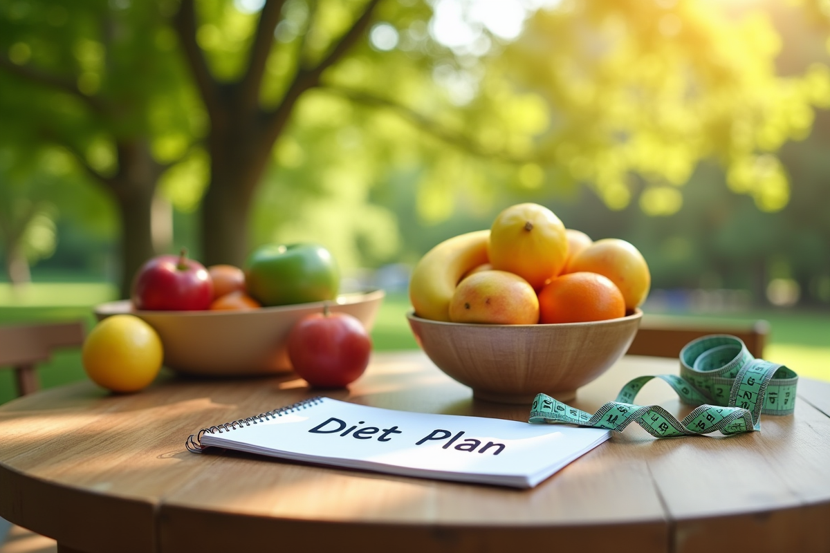 Table en plein air avec fruits frais et plan de régime