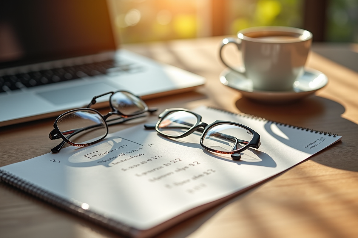 Table avec lunettes questions et café en ambiance ensoleillee