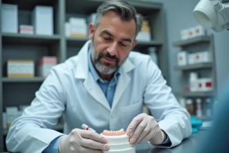 Technicien dentaire appliquant une résine de collage sur des dents prothétiques en résine Capdentaire dans un laboratoire dentaire moderne