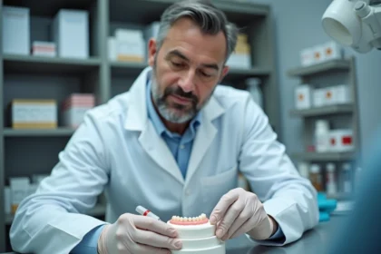 Technicien dentaire appliquant une résine de collage sur des dents prothétiques en résine Capdentaire dans un laboratoire dentaire moderne