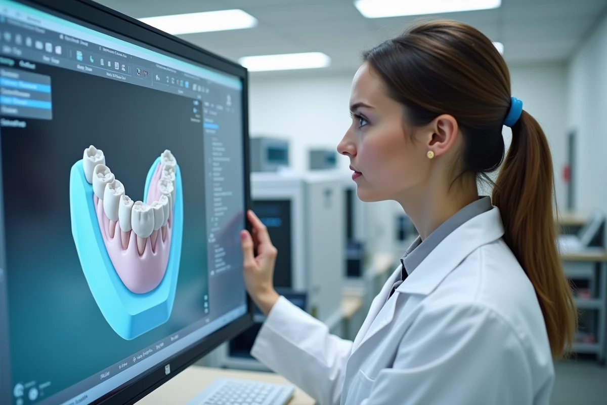 Technicienne dentaire conçoit un guide sur un écran numérique